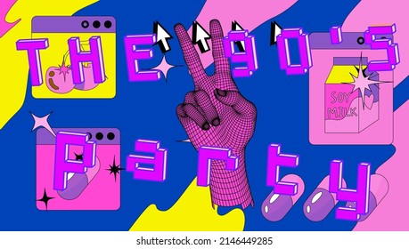 Vaporwave the 90's like style collage with user interface elements. Vector illustration in neon acid colors.
