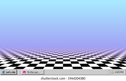 Vaporwave Abstract Background With Retro Computer Interface Worktable And Checkered Floor Wallpaper
