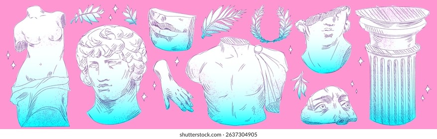 Vaporwave aesthetic ancient Greek statue stickers - retro colorful gradient sculpture heads and columns, leaves and laurel wreath illustrations set on pink background. Old art doodles with texture.