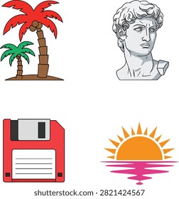 Vaporwave Aesthetic Vector Icons Set with Palm Tree and Marble Bust