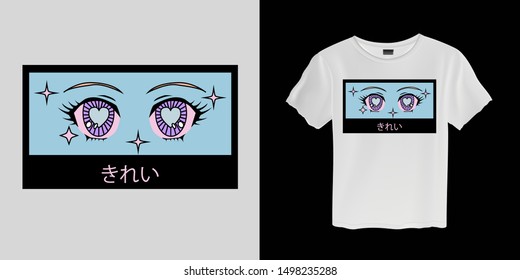 Vaporwave aesthetics vector illustration for t-shirt fashion print, 
unisex apparel. Retro 80s-90s cartoon anime eyes of girl character, manga j-pop kawaii style. Japanese text means "Beautiful".