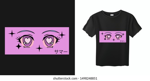 Vaporwave aesthetics vector illustration for t-shirt fashion print, poster, cover ect. Retro 80s-90s cartoon anime eyes of girl character, manga j-pop kawaii style. Japanese text means "Summer".