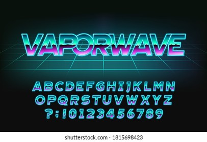Vaporwave alphabet font. Retro letters, numbers and symbols in 80s style. Retro-futuristic vector typeface for your typography design.