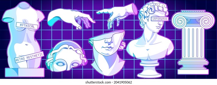 Escultura antigua de vaporwave en banner moderno contemporáneo amplio. Misterioso estilo neón brillante. Conjunto vector editable de ilustraciones aisladas en estilo de arte surrealista.