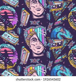 Vaporwave art. Pop culture seamless pattern. Nostalgic 80s, cyberpunk style. Statue head, surfing woman, game controller. Audio cassette, VHS type and tyrannosaur, music art 