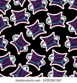 Vaporwave Asid seamless pattern with cosmic space elements in trendy psychedelic weird style. Vector Gold Stars galaxy surrealism pattern. Shine, sparks. Rhombus with orbit.