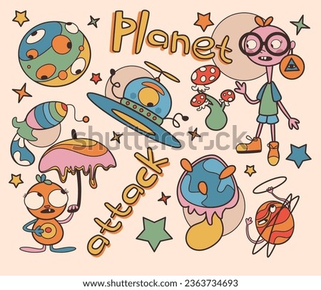 Vaporwave background with abstract space creatures and objects isolated on beige background. Vector illustration of alien planets, rocket and spacecraft, stars, character with umbrella, mushrooms