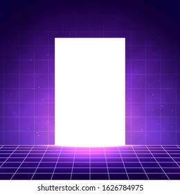 Vaporwave background with laser grid, white glow door and smoky colored fog. Abstract night club interior or template for music poster, flyer or cover. Summer illustration in retro futuristic style. 