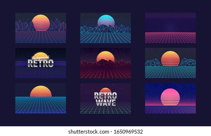 Vaporwave backgrounds with laser grid and retro sun. Retro futuristic sunsets - abstract landscapes 80s. Set of Cyberpunk backgrounds templates. Vector illustration