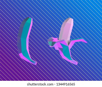 Vaporwave Bananas. Set of Psychedelic Whole and Peeled Banana on Retro Background. Low Poly Vector 3D Rendering