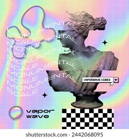 Vaporwave banner template. Trendy vintage glitch concept. Surreal retrofuturistic distorted antique statue vector illustration with melted blobs. 80s and 90s pop culture style. Vector holo design.