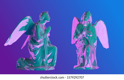 Vaporwave Christmas Angel. Set of Psychedelic Angels on Retro Background. Low Poly Vector 3D Rendering