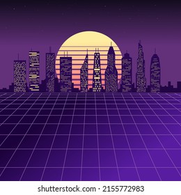 Vaporwave City. Synth Wave Aesthetics. Future Sci-fi City 1980s Cool Style.