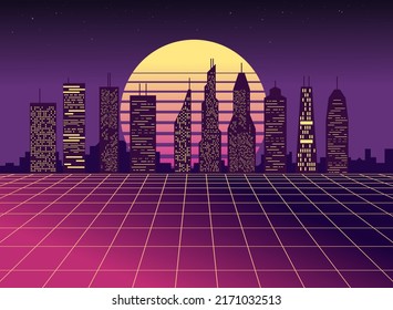 Vaporwave City. Synth Wave Aesthetics. Future Sci-fi City 1980s Cool Style.