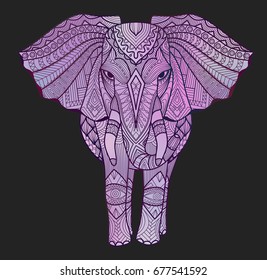 Vaporwave Color Zentangle Elephant For Design Element. Vector Illustration