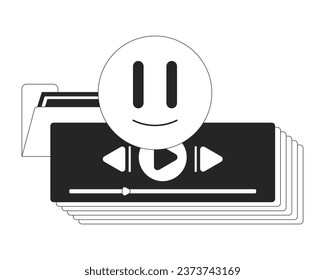 Vaporwave computer shortcuts flat monochrome isolated vector object. Y2k emoji, folder, player. Editable black and white line art drawing. Simple outline spot illustration for web graphic design