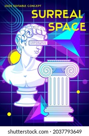 Vaporwave contemporary art collage. Vector template of cover, event flyer, club party invitation, banner, music fest poster. Neon retrowave, 90's aesthetic, background with ancient sculpture.  