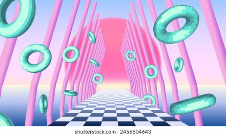 Vaporwave corridor of pillars with flying 3D donut shapes and sun in 90s style. Abstract surreal retro background for party poster or music cover.