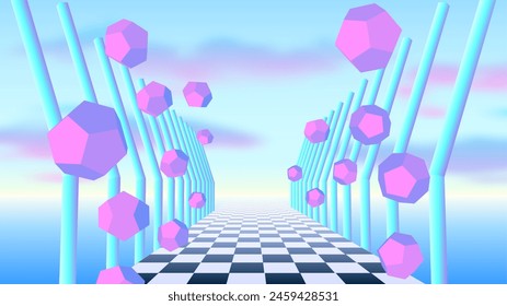 Vaporwave corridor of pillars with flying 3D donut shapes and sun in 90s style. Abstract surreal retro background for party poster or music cover.