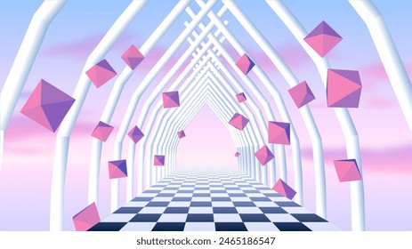 Vaporwave corridor of pillars with flying 3D donut shapes and sun in 90s style. Abstract surreal retro background for party poster or music cover.