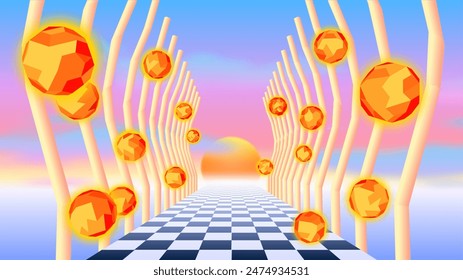 Vaporwave corridor of pillars with flying 3D donut shapes and sun in 90s style. Abstract surreal retro background for party poster or music cover.