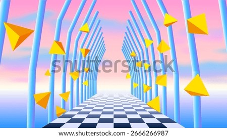 Vaporwave corridor of pillars with flying 3D donut shapes and sun in 90s style. Abstract surreal retro background for party poster or music cover.