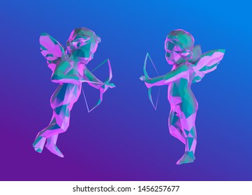 Vaporwave Cupid. Set of Psychedelic Cupidon on Retro Background. Low Poly Vector 3D Rendering