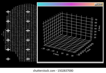 Vaporwave/ cyberpunk futuristic style background for Artificial intelligence or VR (virtual reality) concept. Profile of human made of binary glitched code and terminal console window.