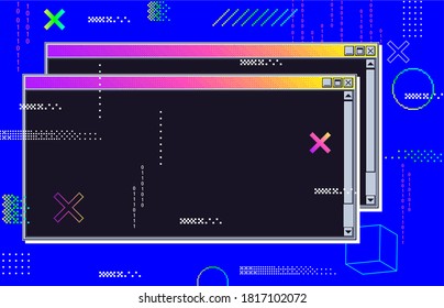 Vaporwave cyberpunk glitch retrofuturistic background with opened windows. User interface with neon color with coding numbers. Retro message box elements, bright backdrop vector illustration