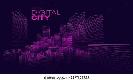 Vaporwave or Cyberpunk Style Smart Digital City Concept. Urban High Towers Concept of the Future City. Virtual Reality Abstract Digital Buildings. Modern Technology Line Style Vector Illustration.