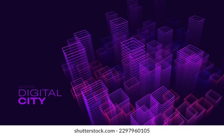 Vaporwave or Cyberpunk Style Smart Digital City Concept. Urban High Towers Concept of the Future City. Virtual Reality Abstract Digital Buildings. Modern Technology Line Style Vector Illustration.