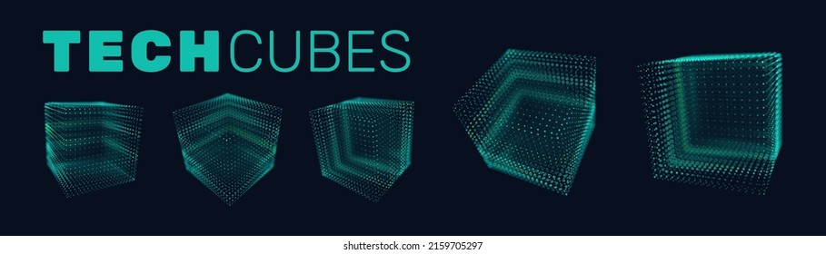 Vaporwave Cyberpunk Technology 3D Cubes. Futuristic HUD Design Objects. Computer Server Algorithm Array Concept. Cyber Game Elements Vector Illustrator.