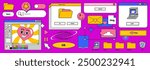 Vaporwave Desktop. Template different Screens on an old retro PC in the y2k style. illustration of chat messenger, media player, button, internet draw in 90s style in pink background. Vector Wallpaper