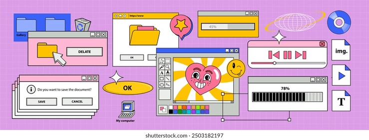 Vaporwave desktop. Template different screens on an old retro PC in the y2k style. illustration of chat messenger, media player, button, internet draw in 90s style in pink background. Vector wallpaper