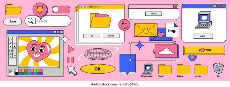 Vaporwave desktop. Template different screens on an old retro PC in the y2k style. illustration of chat messenger, media player, button, internet draw in 90s style in pink background. Vector wallpaper