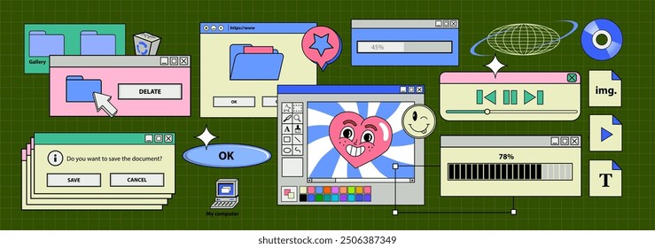 Vaporwave Desktop. Template different Screens on an old retro PC in the y2k style. illustration of chat messenger, media player, button, internet draw in 90s style in green background. Vector windows