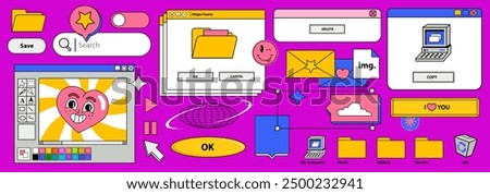 Vaporwave Desktop. Template different Screens on an old retro PC in the y2k style. illustration of chat messenger, media player, button, internet draw in 90s style in pink background. Vector Wallpaper