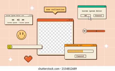 Vaporwave Desktop Wallpaper Template With Place For Picture. Abstract Vintage Aesthetic Background. 90s Old Computer User Interface Dialog Windows. Nostalgic Retro Computer Ui. Vector Illustration.