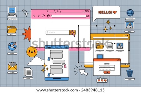 Vaporwave digital screen. 90s old style aesthetics user interface. Retro personal computer screen icons, elements. Desktop objects in y2k style. Vector illustration.