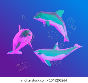 Vaporwave Dolphin. Set of Psychedelic Dolphins and Ocean Pollution on Retro Background. Low Poly Vector 3D Rendering
