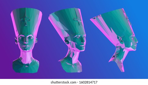 Vaporwave Egyptian Queen Nefertiti. Set of Psychedelic Cleopatra Sculptures on Retro Background. Low Poly Vector 3D Rendering