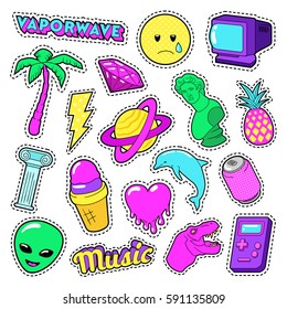 Vaporwave Fashion Funky Elements with Heart, Icecream and Planet for Stickers, Badges. Vector doodle