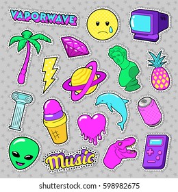 Vaporwave Fashion Funky Elements with Heart, Icecream and Planet for Stickers, Badges. Vector doodle