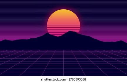 Vaporwave futuristic 80's landscape and sun on background with 3D grid	