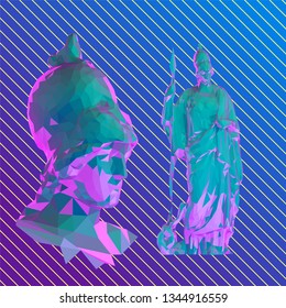 Vaporwave Goddess Athena. Set of Psychedelic Sculptures on Retro Background. Low Poly Vector 3D Rendering