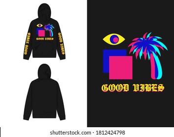 Vaporwave Graphic Design for Hoodie
Illustration Plam tree and eye , Good Vibes