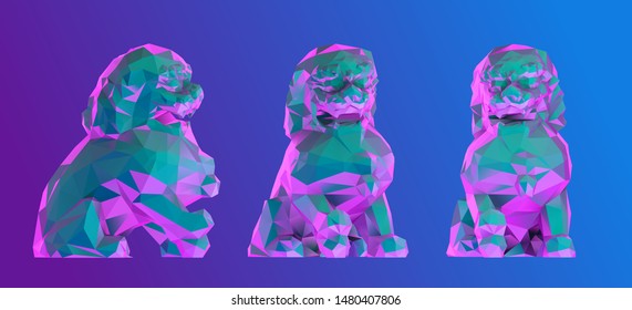 Vaporwave Guardian Lion. Set of Psychedelic Chinese Lions on Retro Background. Low Poly Vector 3D Rendering