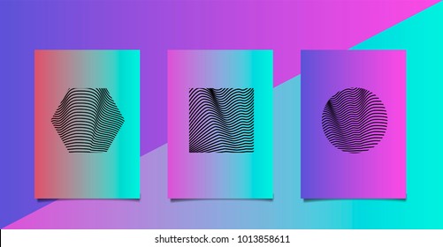 Vaporwave holographic minimal poster set with hexagon, circle, square.