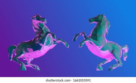 Caballo Vaporwave. Conjunto de Caballos Psicodélicos de Fondo Retro. Representación 3D de vectores de polvos bajos