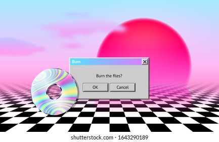 Vaporwave landscape with CD, dialogue window, sun, clouds and checked floor. 80s or 90s style aesthetic art poster with retro computer interface elements and data medium